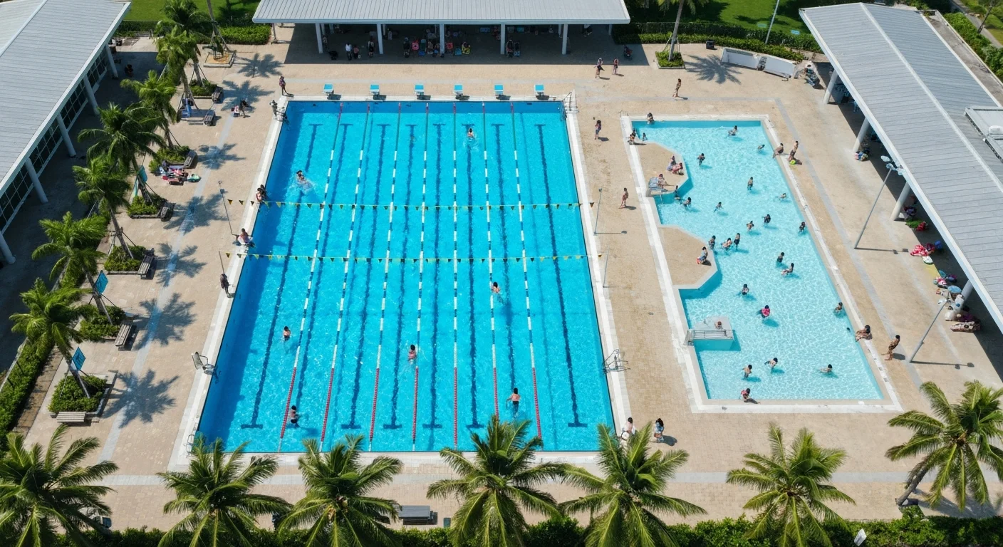 Aerial view of a public swimming complex in Singapore with lap pool and wading pool